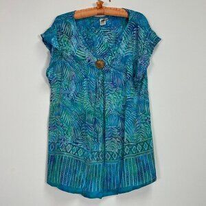Hand Kreation Womens Leaf Hawaiian Print Flutter Sleeve Tunic Top S/M Blue Rayon